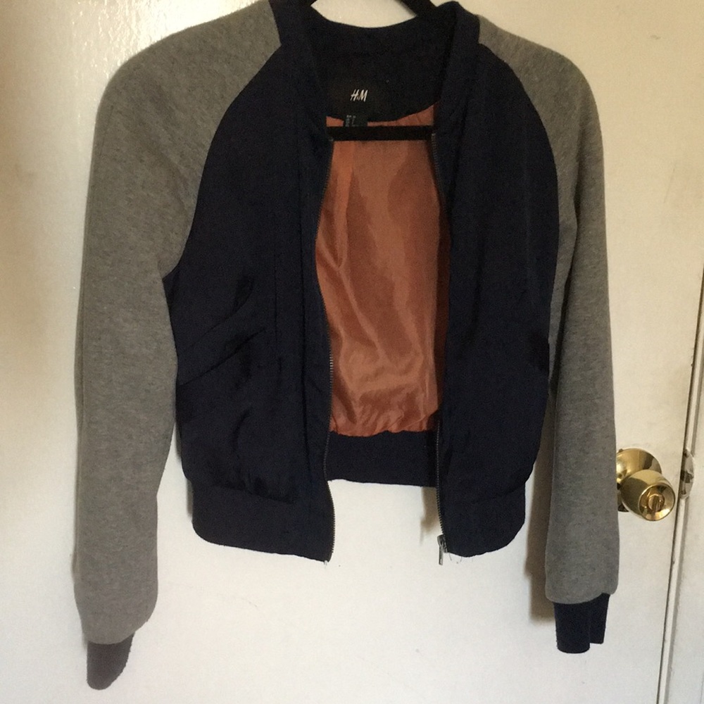 H&M Navy Satin and Gray Women’s Bomber Jacket Size 2 Petite HM H and M